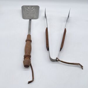 Vintage Weber BBQ Tongs & Spatula Stainless Steel Wood Handles